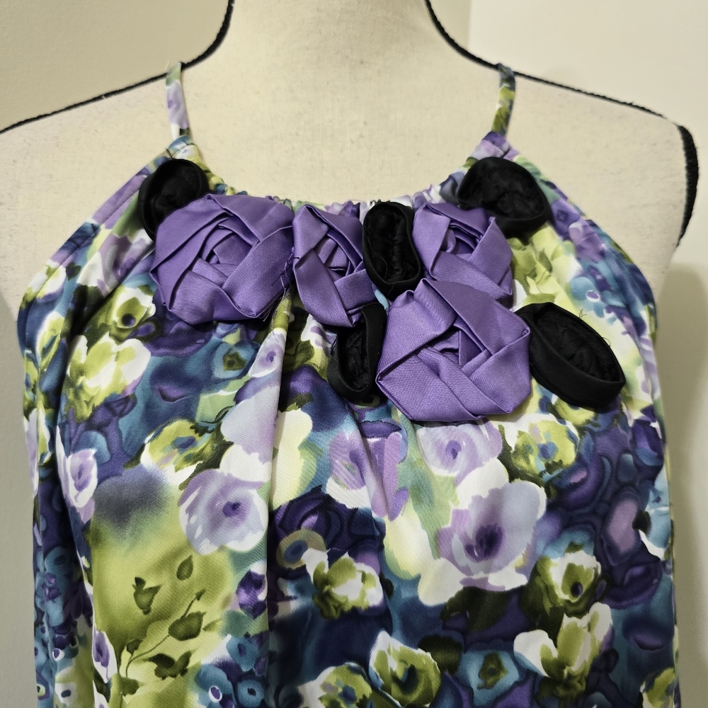 SUNNY LEIGH size Small Floral Satin Tank 3D‎ Neckline Purple Green Cottagecore - Picture 2 of 12